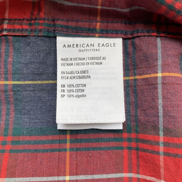 American Eagle Mens Shirt Long Sleeve Button Down Navy Red Plaid Pocket Small - Picture 4 of 8